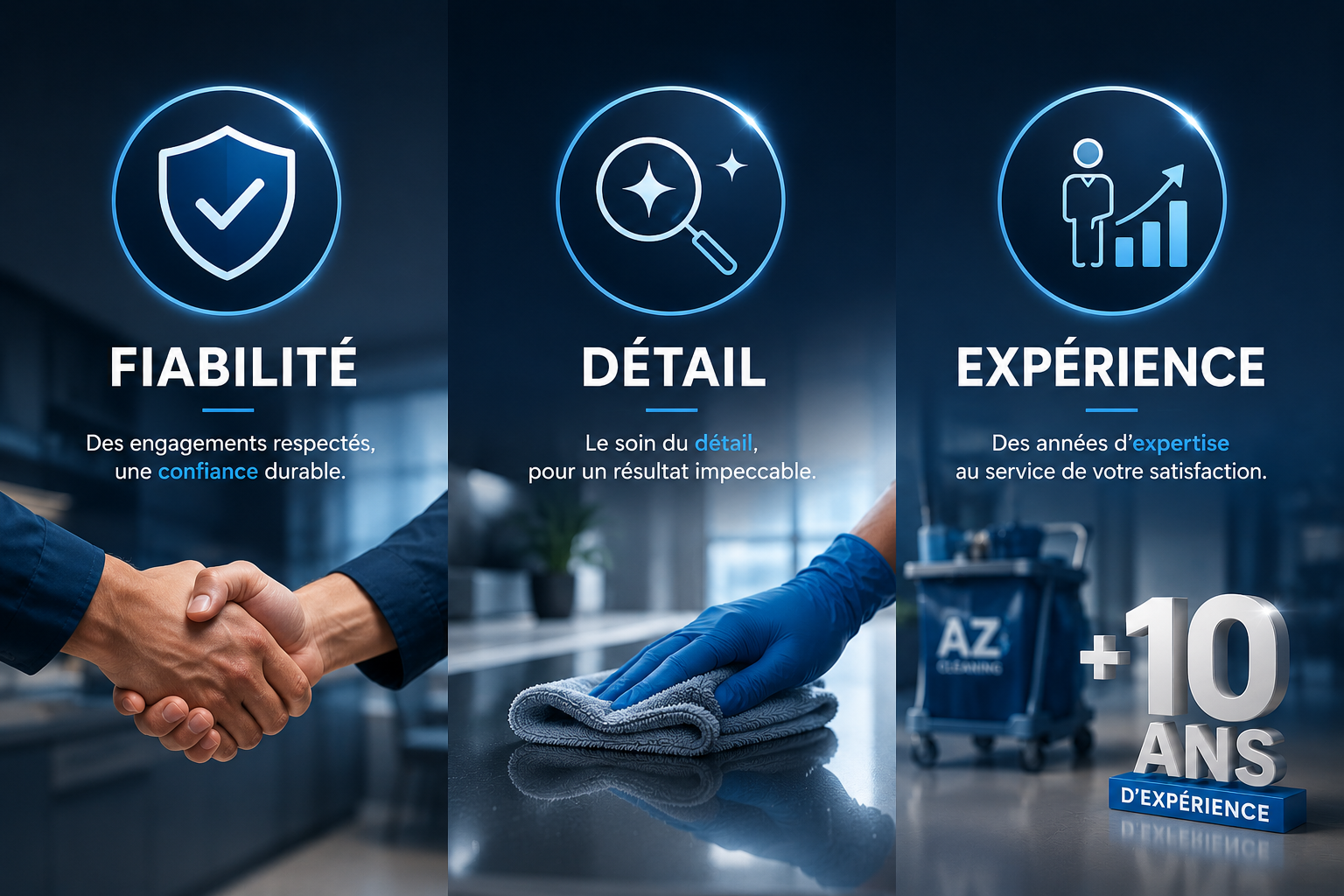 Visuel AZ Cleaning Belgium présentant trois piliers : fiabilité, souci du détail et plus de 10 ans d’expérience, avec pictogrammes et photos de mains qui nettoient et se serrent la main, dans un environnement bleu professionnel.