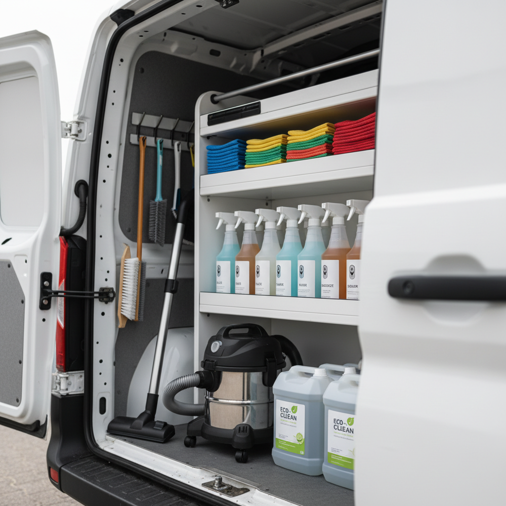 A close-up, photographic realism shot of professional cleaning equipment neatly arranged in the back of a clean white service van: color-coded microfiber cloths stacked in perfect piles, labeled spray bottles filled with clear and lightly tinted cleaning solutions, a compact high-performance vacuum, and sealed containers of eco-friendly products. The van’s interior panels are spotless, with metallic rails and hooks organized symmetrically. Soft daylight enters from the open rear doors, casting subtle highlights along plastic and metal surfaces and faint, orderly shadows. Captured from a low, slightly angled perspective with shallow depth of field, the focus is on texture and order. The scene feels efficient, trustworthy, and ready for rapid intervention, matching a premium, professional cleaning brand.