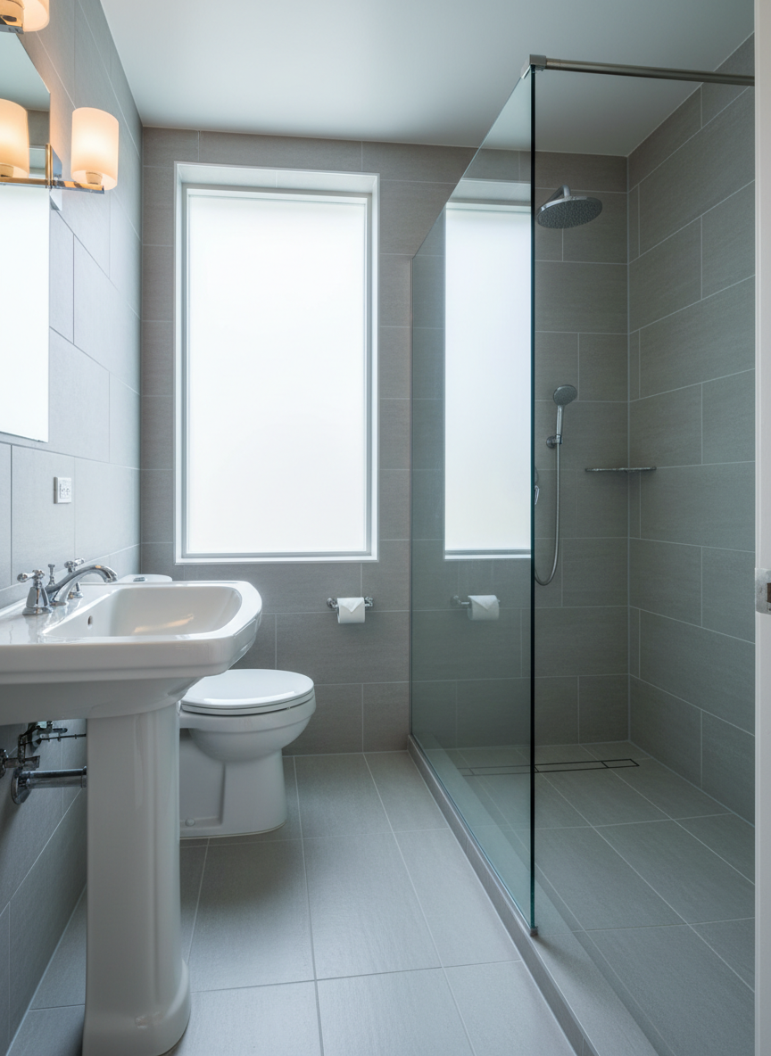 A bathroom in photographic realism that looks freshly sanitized: a pristine white ceramic sink and matching toilet with a soft satin sheen, chrome fixtures polished to a bright, mirror-like finish, and a clear glass shower screen without a single watermark. The large light-grey tiles on the floor and walls are uniformly clean, grout lines crisp and bright. Cool, diffused daylight from a frosted window blends with a single warm wall sconce, creating balanced, natural-looking illumination and soft, clean shadows. Captured from a slightly elevated corner angle to reveal the full layout, the composition feels open and uncluttered. The atmosphere is hygienic, refreshing, and premium, perfect for illustrating high-standard residential bathroom cleaning services.