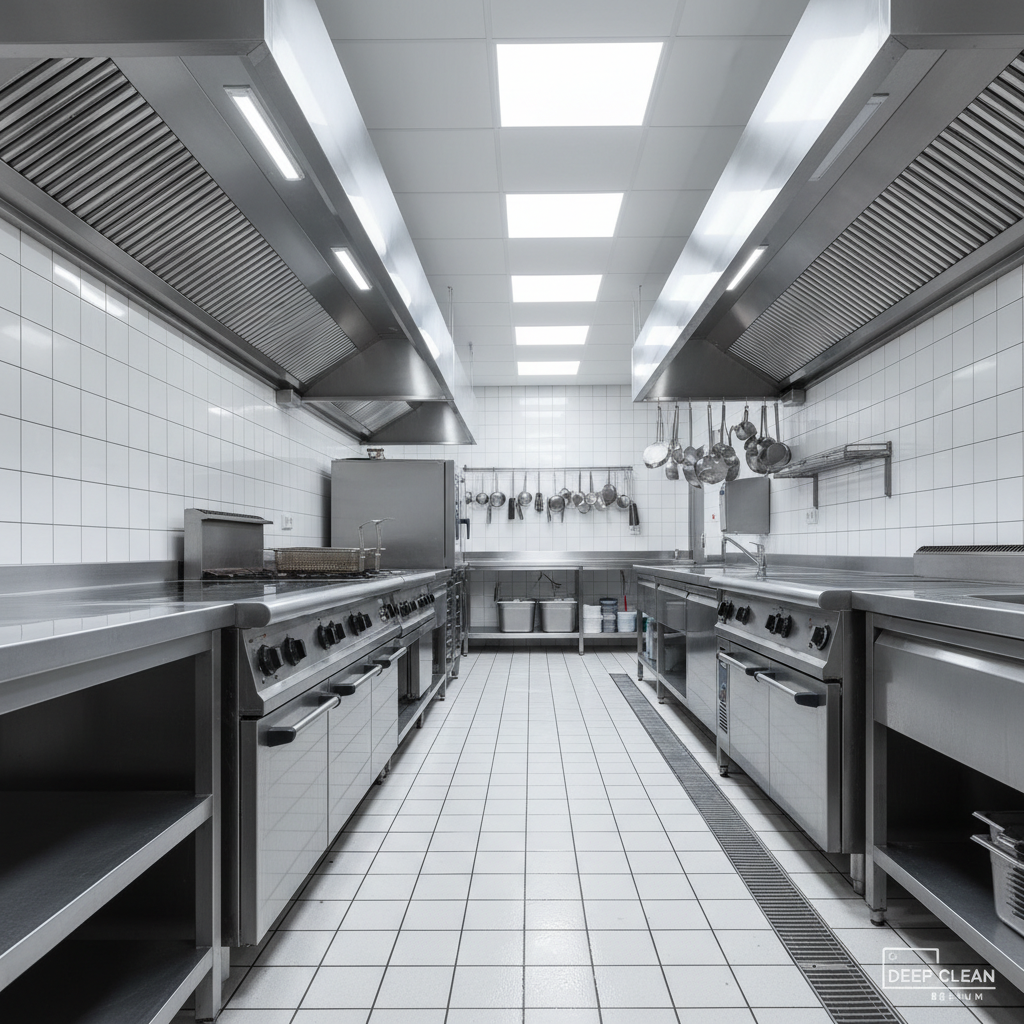 A gleaming commercial kitchen in photographic realism, with stainless steel countertops, splashbacks, and appliances buffed to a mirror-like sheen, completely free of smudges or grease. The tiled floor is freshly mopped, with perfectly straight, drying streaks that subtly catch the light. Overhead LED panels provide bright, even illumination, highlighting every corner and casting crisp but controlled shadows beneath fixtures. In the background, spotless white tiles and meticulously aligned utensils add to the sense of order. Shot from a wide-angle, slightly low perspective, the composition emphasizes depth along the workstations. The mood is hygienic, rigorous, and reassuringly professional, ideal for showcasing deep-clean services for restaurants and food businesses in Belgium.