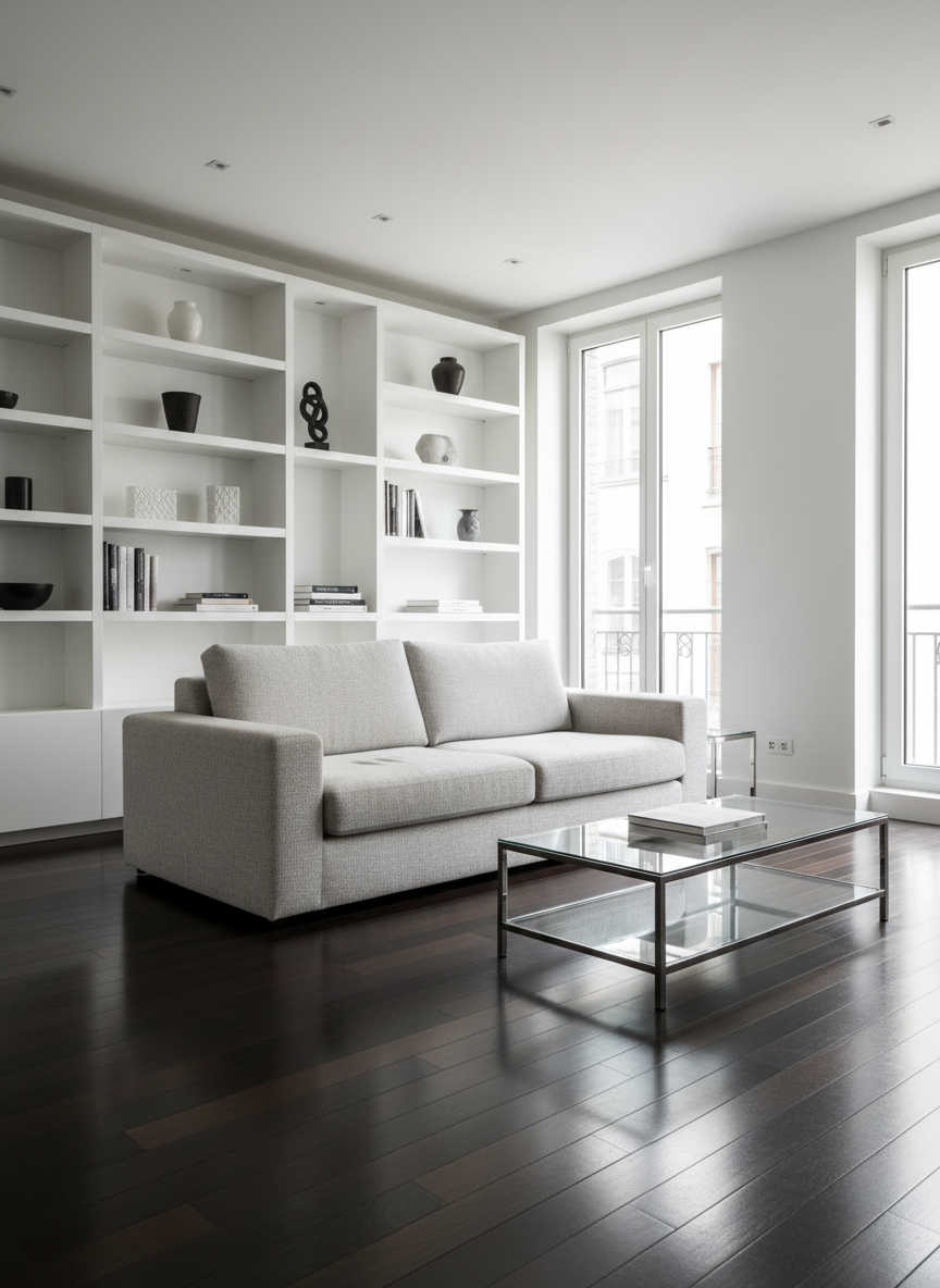 A spotless, modern living room with a freshly cleaned light-grey fabric sofa, gleaming glass coffee table, and dust-free white shelving, every surface perfectly organized and reflective. The floor is a dark, polished hardwood with no streaks or marks, subtly mirroring the furniture. Soft daylight filters through large, clear windows with immaculate panes, creating gentle, natural highlights across the room and faint, tidy shadows. Photographed at eye level with sharp focus throughout, the composition follows a clean, minimalist aesthetic. The atmosphere is premium, calm, and professional, emphasizing the impeccable results of a high-end cleaning service in a real Belgian urban apartment setting, captured with photographic realism.