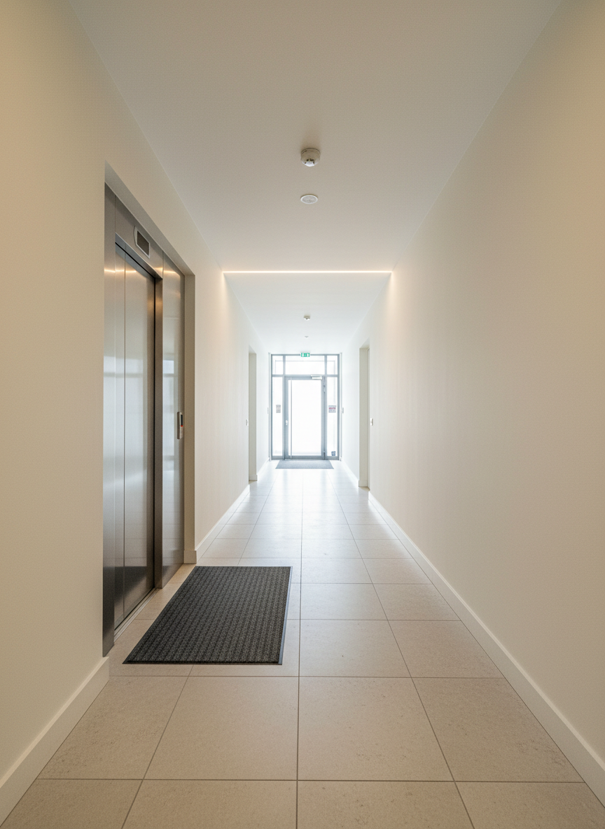 An immaculate hallway of a modern Belgian apartment building, with freshly cleaned light stone tiles, meticulously vacuumed dark entrance matting, and perfectly polished stainless steel elevator doors reflecting subtle architectural details. The walls are a smooth, warm white with no marks, and baseboards are dust-free, catching a thin line of soft overhead lighting. Natural light seeps in from a spotless glass entrance at the far end, creating a gentle gradient of brightness down the corridor. Photographed at eye level with strong linear perspective, the image uses leading lines to draw the eye toward the entrance. The mood is secure, orderly, and premium, emphasizing common-area maintenance and rapid, reliable building cleaning.