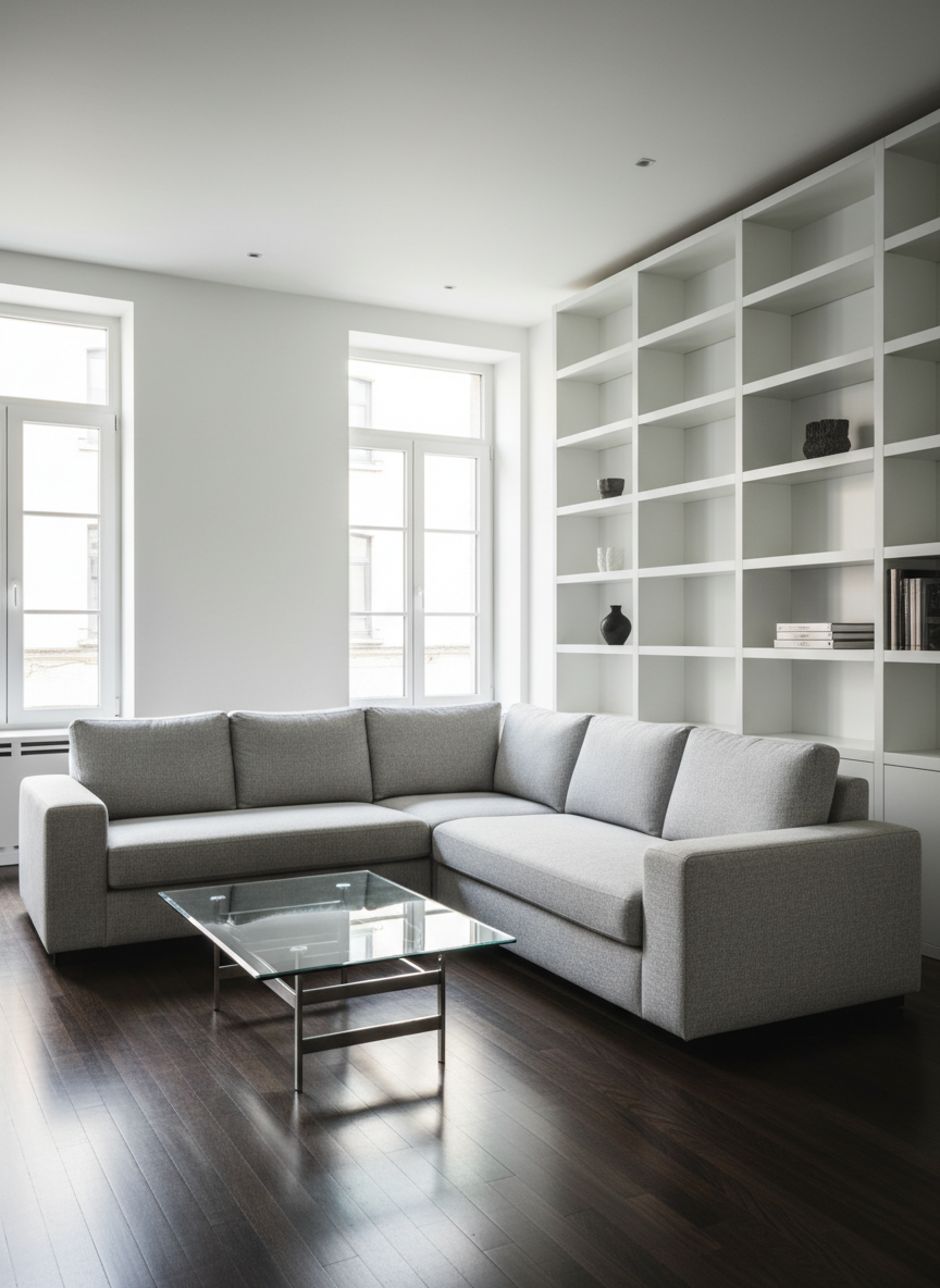 A spotless, modern living room with a freshly cleaned light-grey fabric sofa, gleaming glass coffee table, and dust-free white shelving, every surface perfectly organized and reflective. The floor is a dark, polished hardwood with no streaks or marks, subtly mirroring the furniture. Soft daylight filters through large, clear windows with immaculate panes, creating gentle, natural highlights across the room and faint, tidy shadows. Photographed at eye level with sharp focus throughout, the composition follows a clean, minimalist aesthetic. The atmosphere is premium, calm, and professional, emphasizing the impeccable results of a high-end cleaning service in a real Belgian urban apartment setting, captured with photographic realism.