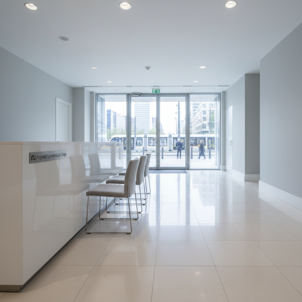 An ultra-clean corporate office reception area featuring a glossy white reception desk, perfectly aligned minimalist chairs with stainless steel legs, and a flawlessly polished stone floor free of any footprints. The glass entrance doors are crystal clear, reflecting subtle details of a modern city street outside. Cool, diffused daylight mixes with discreet recessed ceiling lights, creating a bright, professional ambiance with soft, controlled shadows. Shot from a slightly elevated angle, the composition showcases depth down a tidy corridor lined with dust-free baseboards. The mood is efficient, premium, and reassuring, conveying rapid, meticulous commercial cleaning suitable for Belgian businesses, rendered in crisp photographic realism with a contemporary, high-end aesthetic.