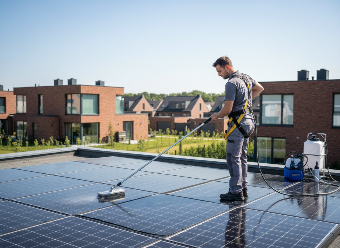 Un technicien de nettoyage professionnel en Belgique nettoie des panneaux solaires sur un toit plat avec un système de perche télescopique à eau pure. Ciel bleu clair, environnement résidentiel moderne en arrière-plan, panneaux brillants sans traces, ambiance propre, sécurisée et professionnelle.