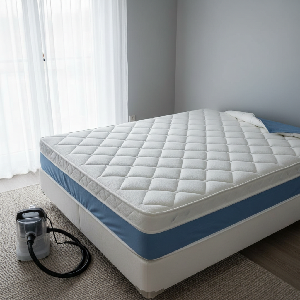 A pristine, freshly cleaned mattress in a bright, minimalist bedroom, presented as a professional cleaning result. The white, quilted surface shows perfectly defined stitching and subtle texture, with one corner lifted to reveal a protective cover slightly pulled back. A compact, commercial-grade steam cleaner with a transparent attachment rests neatly at the foot of the bed, its hose coiled in an orderly way. Sunlight filtered through sheer curtains bathes the room in diffused, overcast light, emphasizing purity and cleanliness. The walls are soft grey, and a neutral rug anchors the bed. Photographic realism, shot from a slightly elevated angle, with sharp focus across the frame. The atmosphere is calm, safe, and hygienic, evoking trust in a professional mattress cleaning service for Belgian households and hotels.