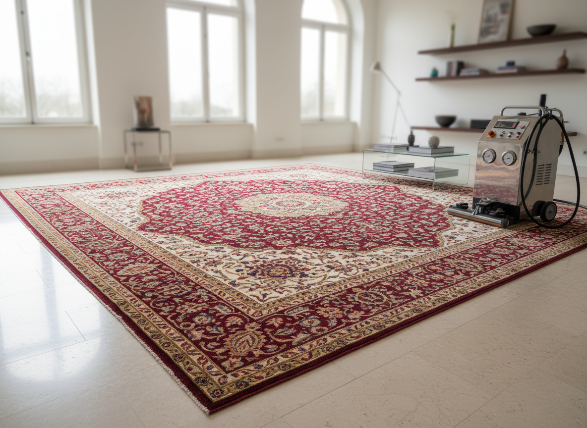 An elegant living room in Belgium showcasing a professionally cleaned rug as the focal point. A large, intricately patterned Persian-style carpet in deep reds and creams lies flawlessly flat on a light stone floor, its fibers standing upright and vibrant. Next to it, a powerful industrial rug cleaning machine with a stainless steel body and clear control panel is parked, cable neatly wound. Through tall windows, muted daylight under an overcast sky creates soft, even illumination with gentle shadows at the carpet’s edges. A glass coffee table and minimalist shelving stand slightly out of focus in the background. Photographic realism, shot from a slightly elevated corner perspective using the rule of thirds, emphasizing the contrast between the rug’s renewed richness and the neutral surroundings. The mood is precise, professional, and meticulously clean.