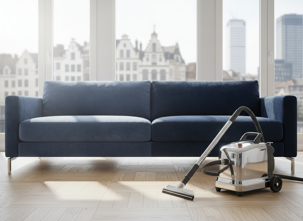 A meticulously detailed close-up of a professional cleaning setup in a modern Brussels apartment living room. At the center, a deep navy velvet sofa is half-cleaned: one side visibly brighter and fresher, the other slightly dull with faint stains. A high-end carpet extractor with stainless steel wand rests beside it on a light oak parquet floor, its transparent nozzle showing clear water flowing. Large floor-to-ceiling windows reveal an urban Belgian skyline, while soft daylight pours in, creating crisp reflections on the machine’s surfaces and gentle shadows under the furniture. Shot at eye level with photographic realism, sharp focus on the sofa’s texture and a subtle bokeh on the background. The mood is professional, reassuring, and hygienic, with a clean, modern aesthetic and cool, neutral color tones.