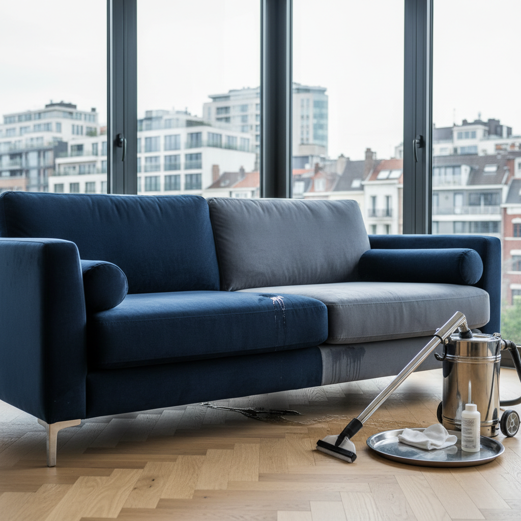 A meticulously detailed close-up of a professional cleaning setup in a modern Brussels apartment living room. At the center, a deep navy velvet sofa is half-cleaned: one side visibly brighter and fresher, the other slightly dull with faint stains. A high-end carpet extractor with stainless steel wand rests beside it on a light oak parquet floor, its transparent nozzle showing clear water flowing. Large floor-to-ceiling windows reveal an urban Belgian skyline, while soft daylight pours in, creating crisp reflections on the machine’s surfaces and gentle shadows under the furniture. Shot at eye level with photographic realism, sharp focus on the sofa’s texture and a subtle bokeh on the background. The mood is professional, reassuring, and hygienic, with a clean, modern aesthetic and cool, neutral color tones.
