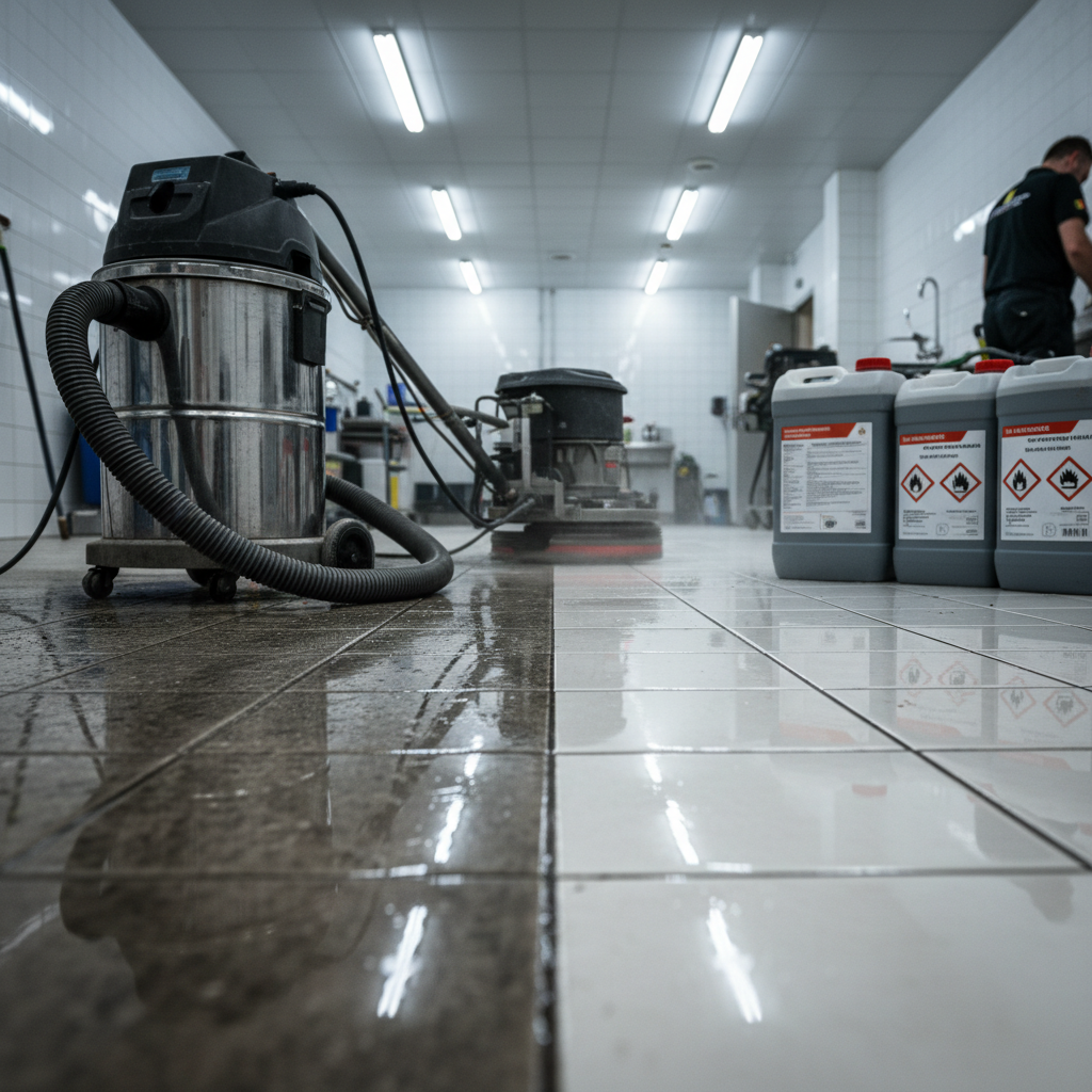 An intense but orderly extreme cleaning scene in a tiled basement or utility room in Belgium. The foreground shows heavily soiled, pale ceramic floor tiles transitioning into a freshly cleaned section that gleams under the light, emphasizing the dramatic contrast. Industrial cleaning equipment stands ready: a powerful wet-dry vacuum with stainless steel tank, a rotary floor scrubber with visible rotating brush head, and neatly arranged labeled chemical containers with hazard pictograms clearly visible but non-threatening. Overhead fluorescent lighting casts bright, even illumination, creating reflective highlights in the cleaned area and deeper shadows in the untouched zone. Photographic realism, shot from a low angle near the floor to accentuate the transformation. The mood is serious, efficient, and controlled, evoking trust in professional extreme cleaning for demanding Belgian environments.