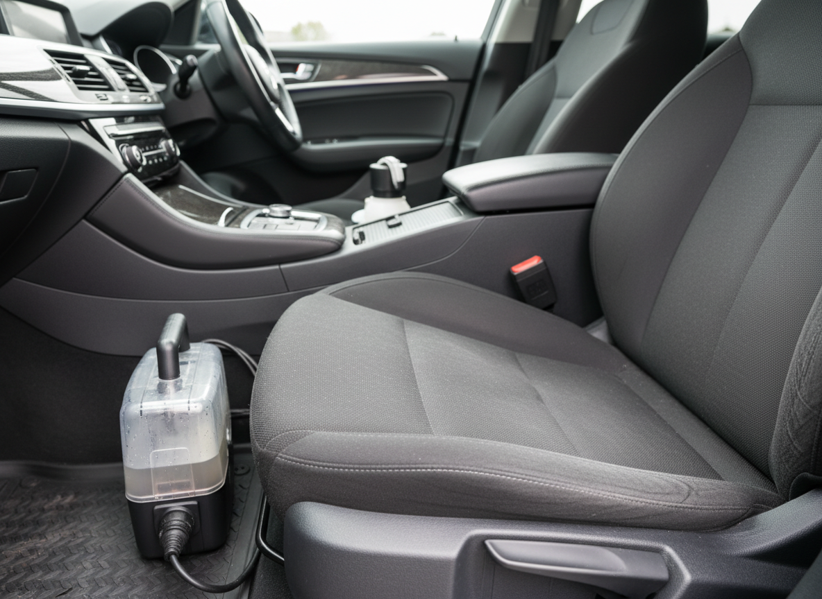 The interior of a vehicle in Belgium just after a professional deep cleaning. A dark grey fabric car seat is shown in close-up, one half perfectly clean and refreshed, the other subtly dusty to demonstrate the before-and-after effect. Fine stitching and fabric texture are rendered with extreme detail. On the floor mat rests a compact professional injection-extraction machine with a transparent upholstery nozzle, still glistening with tiny water droplets. Soft, natural daylight filters through the windshield and side windows, casting controlled highlights on the dashboard and chrome details while leaving the background gently blurred. Photographic realism, shot from the passenger side at an angle that leads the eye along the seat. The mood is meticulous, efficient, and hygienic, underscoring premium vehicle interior cleaning services.