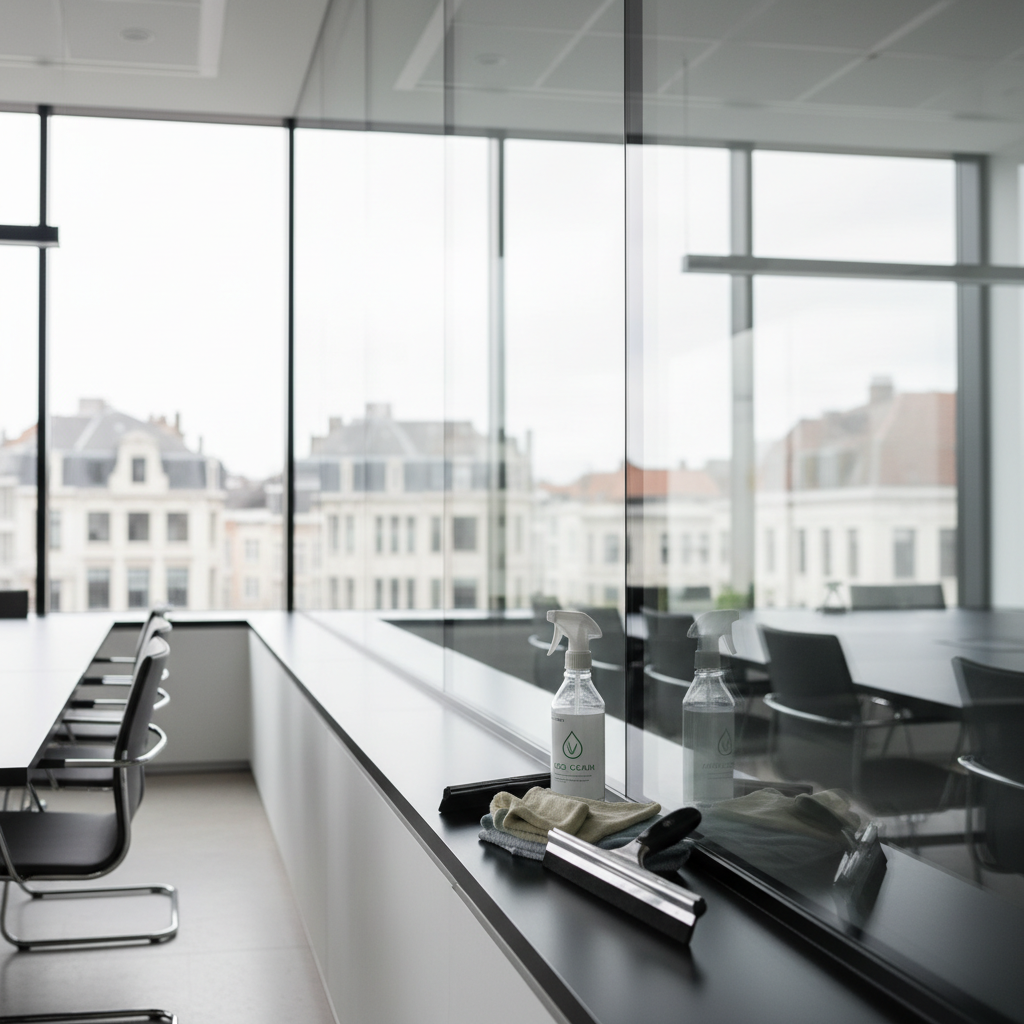 A spotless office meeting room in Brussels right after a professional window cleaning. Floor-to-ceiling glass panels reveal a crisp cityscape with recognizable European architecture, yet remain slightly out of focus to emphasize the flawless transparency of the glass. On the interior side, a professional-grade squeegee, microfiber cloths in cool neutral tones, and a spray bottle labeled with subtle, eco-friendly iconography rest on a sleek black window ledge. Bright but diffused daylight floods the room, creating sharp reflections and clean lines on the glass and polished meeting table. Photographic realism, shot from a low, angled perspective looking up along the window surface, showcasing absence of streaks or smudges. The atmosphere is modern, corporate, and reassuringly clean, aligned with high-end commercial cleaning services.