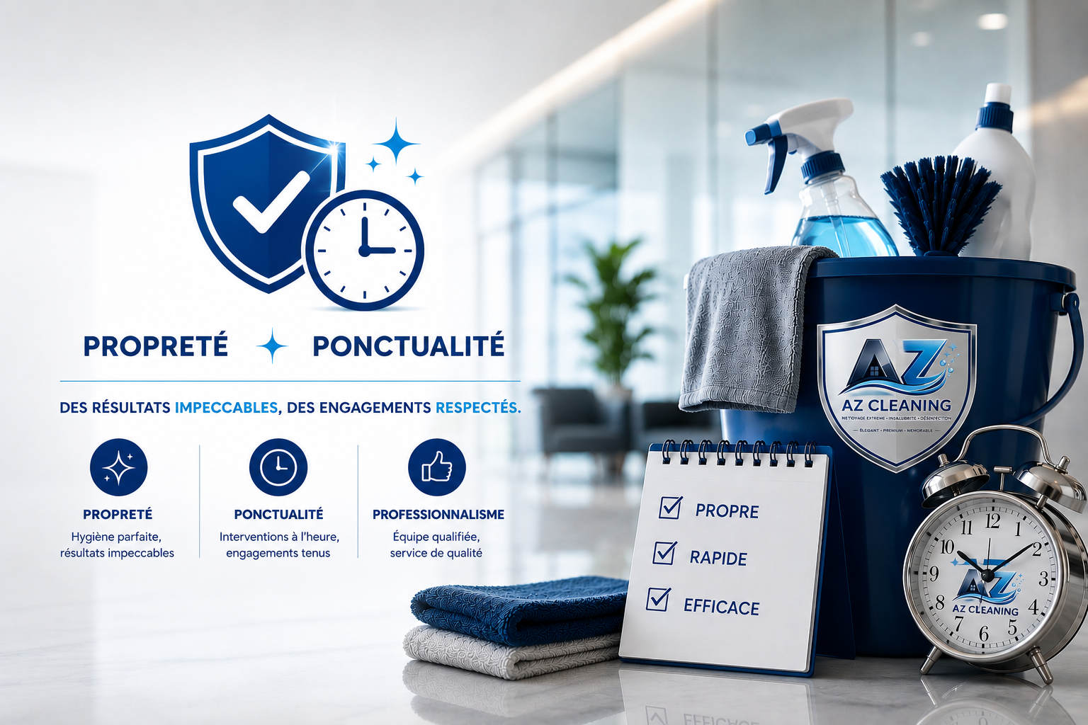 Visuel AZ Cleaning Belgium mettant en avant propreté, ponctualité et professionnalisme, avec icônes, texte et matériel de nettoyage.