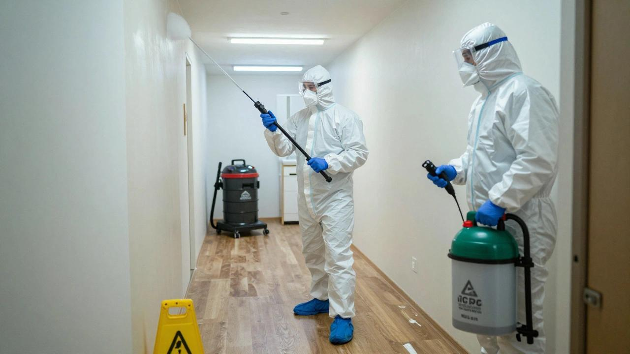 Des personnes en tenue de protection contre les virus nettoient un couloir.