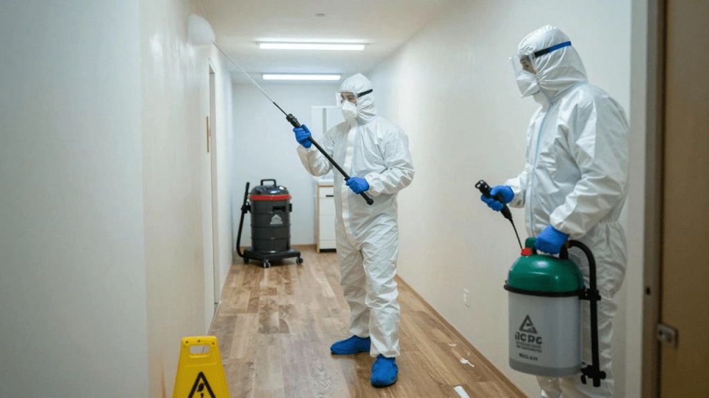 Des personnes en tenue de protection contre les virus nettoient un couloir.